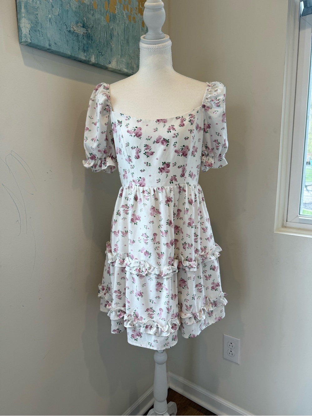 Altar'd State Romantic Cottagecore Coquette Babydoll White Floral Mini Dress M
